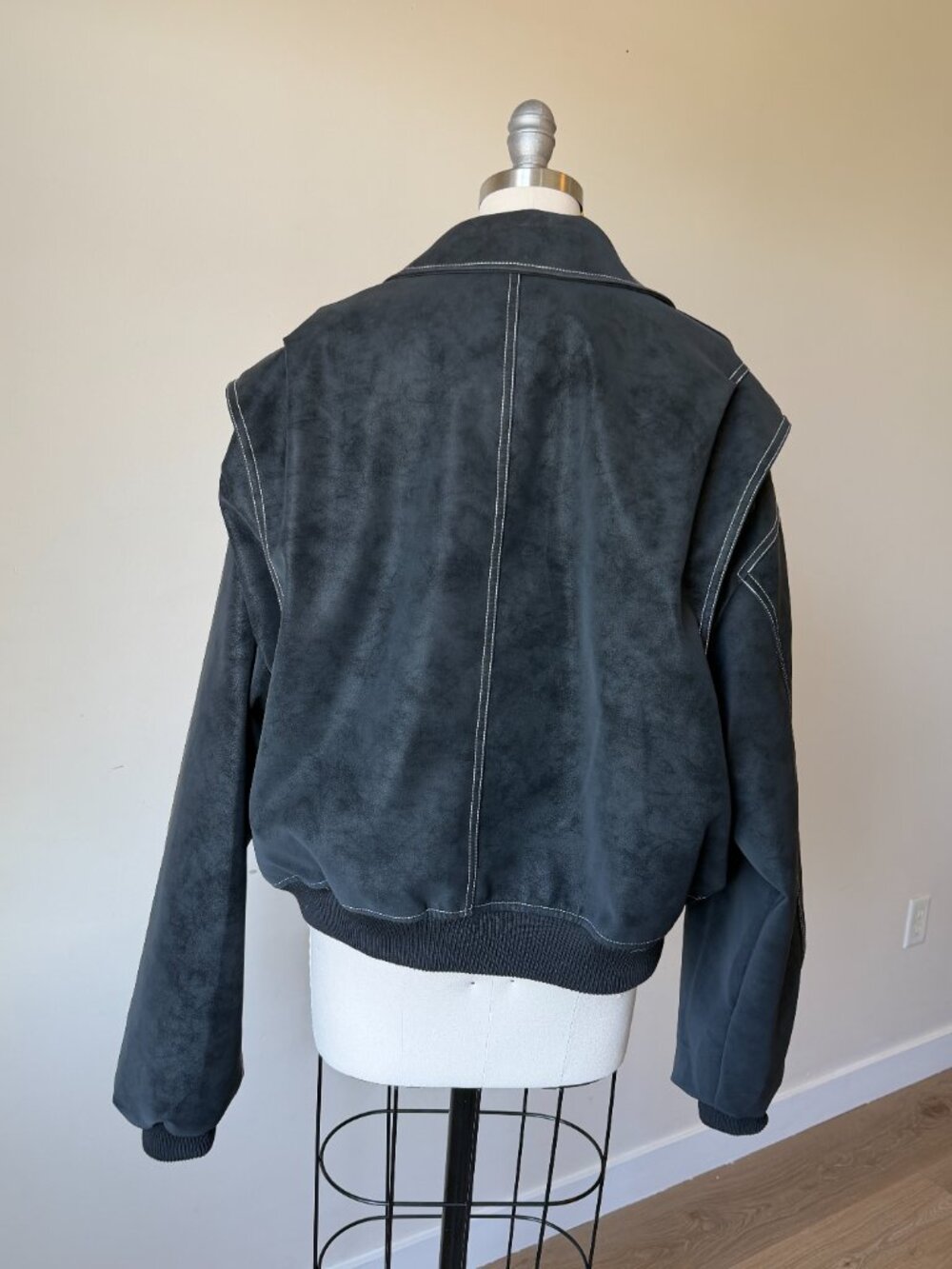 Lioness Vista Bomber Jacket Medium | Black Faux Suede Moto | Contrast Stitch - Picture 5 of 7